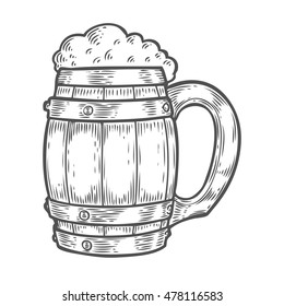 Wooden craft beer oktoberfest mug. Black vintage engraved hand drawn vector illustration. Sketch Wooden cylindrical container for liquid. Black isolated on white background.