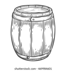 Cerveza artesanal de madera, whisky, barril de alcohol de vino. Ilustración vectorial dibujada a mano en tonos marrones. Esbozo de contenedor de naves. Recipiente cilíndrico de madera para líquido