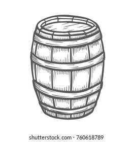 Wooden craft beer, whiskey, wine alcohol barrel. Honey jar, barrel vintage. Engraved organic food hand drawn sketch illustration.