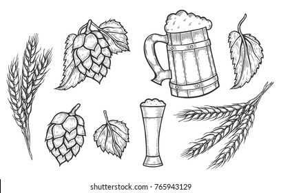 Wooden craft mug of beer, a glass, hop with leaves and wheat ears.