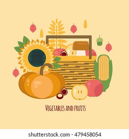 Wooden crate with autumn fruits and vegetables. Autumn harvest vector illustration of in flat style. Harvest with fresh, natural foods. Diet and organic food template. Corn,pumpkin,apple,mushroom,nuts