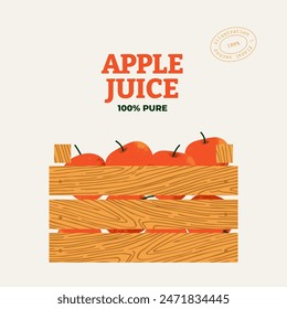 Wooden crate box with fresh apples. Vector illustration