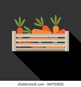 Wooden crate with carrot. Flat style vector illustration.