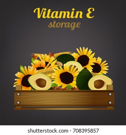 Wooden crate with different food. Vitamin E storage concept. Ripe avocados, nuts and sunflowers in a box. Vector illustration isolated on a dark grey background.