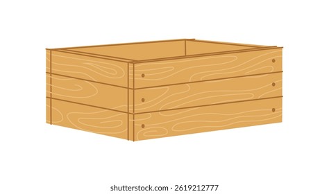 Wooden crate, farmer and gardener box, equipment for storing and transporting fresh produce, farm goods and garden supplies. Isolated eco friendly wood container for agriculture, storage or delivery