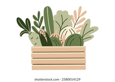Wooden crate filled fresh grocery products from supermarket or farmer market. Vegetables, greens in zero-waste packaging for eco-friendly design. Vector illustration in organic flat style.