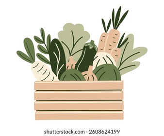 Wooden crate filled fresh grocery healthy food products from supermarket or farmer market. Vegetables, greens in zero-waste packaging for eco-friendly design. Vector illustration in organic flat style