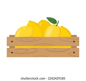 Carcasa de madera con limones frescos. Mercado de agricultores, alimentación saludable o tema de frutas tropicales. Ilustración vectorial aislada en fondo blanco.