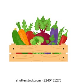 Wooden crate with fresh organic vegetables. Farmer's market, healthy eating or vegan food themes. Beet, tomato, eggplant, cucumber, carrot, broccoli, pea, parsley. Vector isolated illustration.