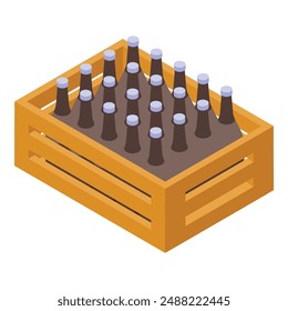 Wooden crate full of glass bottles containing alcoholic beverage for delivery, isometric icon
