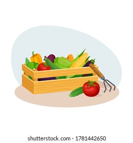 Wooden Crate Full of Vegetables as Crop Harvesting Vector Illustration