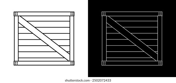 Wooden crate line drawing box-shaped package container for securing soft goods. Goods storage box for logistics shipping transportation. Vector black white concept design illustration
