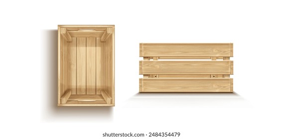 Wooden crate mockup set isolated on white background. Vector realistic illustration of empty plank box made of yellow oak wood, container for goods storage, shipment and delivery, food packaging