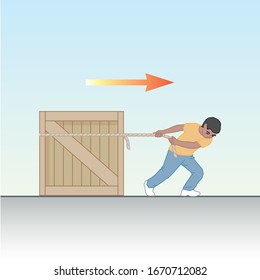 A wooden crate pulling to the right by a kid. Vector