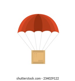 wooden crate with red parachute. Vector illustration on white background