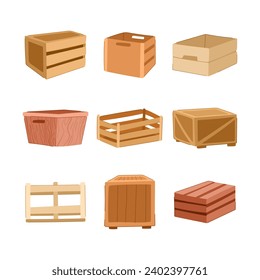 wooden crate set cartoon. texture container, cargo export, empty realistic wooden crate sign. isolated symbol vector illustration