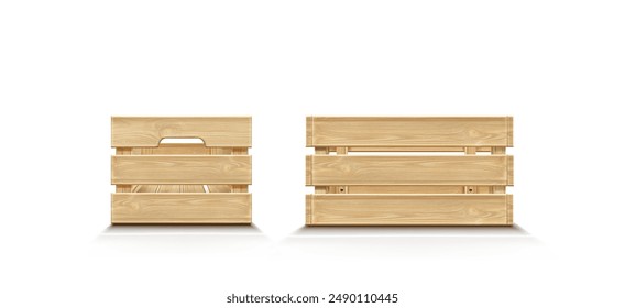 Vista lateral de la caja de madera. Conjunto de Ilustración vectorial 3D realista de caja para cosecha de frutas y verduras con textura de madera. Caja marrón vacía para almacenamiento de carga y almacén. Embalaje maqueta de contenedor.