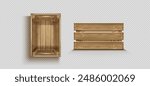 Wooden crate top and side view. Empty open wood box for fruit or vegetable harvest storage. Realistic 3d vector illustration set of old warehouse container. Timber chest for cargo and shipping.