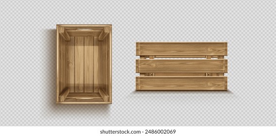 Wooden crate top and side view. Empty open wood box for fruit or vegetable harvest storage. Realistic 3d vector illustration set of old warehouse container. Timber chest for cargo and shipping.