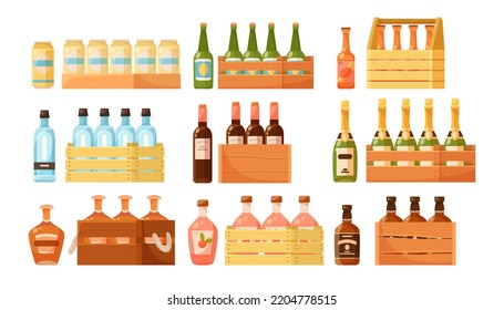 Wooden crates with alcoholic drinks vector illustrations set. Cartoon drawings of beer cans, wine bottles, vodka, champagne, whiskey isolated on white background. Alcohol, beverage concept