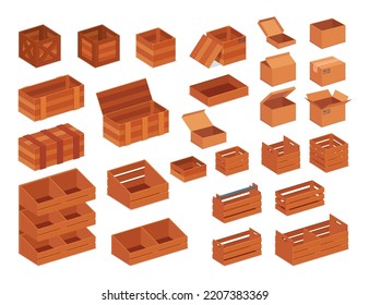 Hölzerne Kisten und Kisten für die Speicherung von Vektorgrafiken. Zeichnungen von Containern, Schubladen oder Kisten für Waren oder Parzellen einzeln auf weißem Hintergrund. Ladung, Lieferservice-Konzept