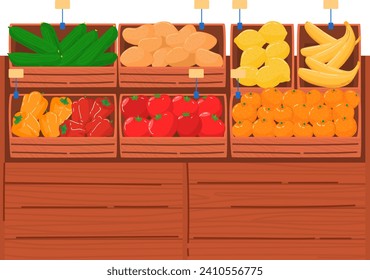 Wooden crates with fresh vegetables and fruits display. Market stall with tomatoes, bananas, oranges vector illustration. Grocery store fresh produce section concept.