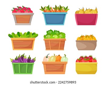 Wooden crates with fruit and vegetables vector illustrations set. Cartoon drawings of apples, carrots, pears, cucumbers in containers on white background. Agriculture, farming, marketing concept