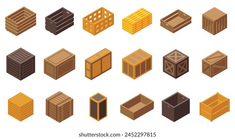 Wooden crates icons set isometric vector. Storage box. View front food