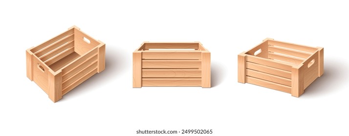 Conjunto de cajas de madera aisladas sobre fondo blanco. Vector de ilustración realista de contenedores vacíos para el almacenamiento de mercancías y la cosecha, embalaje natural y bandejas de transporte, isométrica y vista lateral