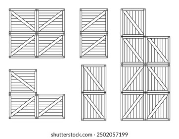 Wooden crates stacked in various positions. Line drawing of a box-shaped package container for securing soft goods. Goods storage box for logistics shipping transportation. Vector illustration