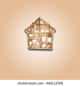 Wooden creative shelf. Icon set. Wooden house. Vector stock.