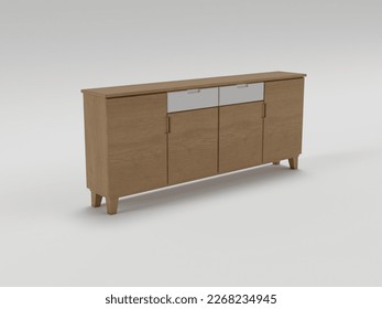 a wooden credenza design rendered on a white background