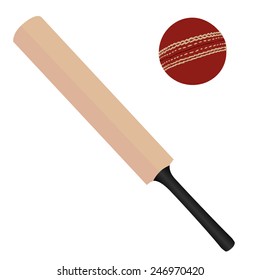 Wooden cricket bat and red cricket ball vector isolated, sport equipment