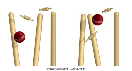 wooden cricket goal breaks red ball. Wicket with upper crossbars scatters to sides from athlete precise throw. Isolated 3D vector