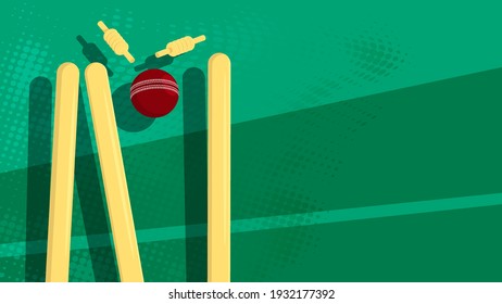 wooden cricket goal breaks red ball. Wicket with upper crossbars scatters to sides from athlete precise throw. Background sports competitions in cricket. Vector