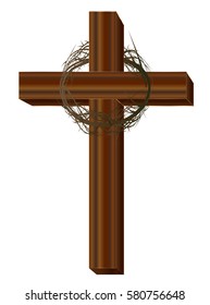 Wooden cross with a crown of thorns, isolated on white. Element for the Lent season, passion of Christ, Palm Sunday, Holy week or Easter. Vector illustration