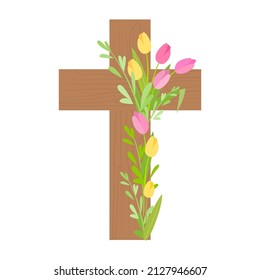 Wooden cross decorated with beautiful flowers - tulips. Easter, Christ is risen. Flat vector illustration isolated on white background