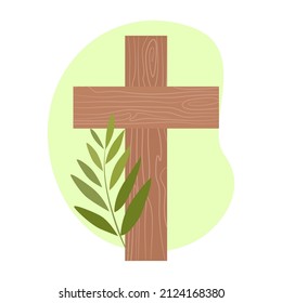 Wooden cross decorated with a green branch. Easter, Christ is risen. Flat vector illustration isolated on white background