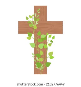 Wooden cross decorated with green branches. Easter, Christ is risen. Flat vector illustration isolated on white background