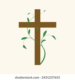 Wooden cross decorated with green sprout. Christian religious design for Easter celebration. Brown cross and green sprout on a light beige background. A symbol of new life and resurrection.