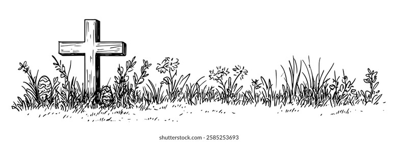 wooden cross with grass, flowers and easter eggs vector doodle black sketch illustration