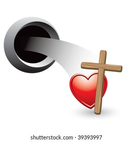 wooden cross and heart coming out of hole