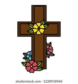 wooden cross with marigold flowers