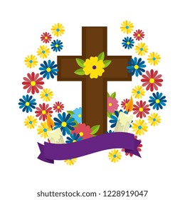 wooden cross with marigold flowers