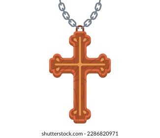 wooden cross on a chain to wear around the neck. flat vector illustration.