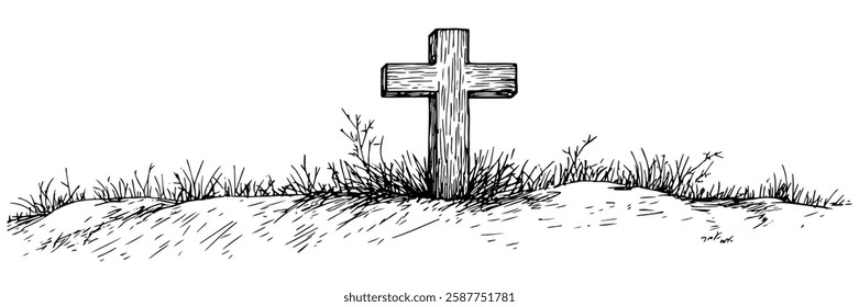 wooden cross on grassy hill in hand-drawn line art style