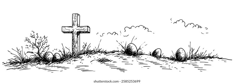 wooden cross on hill with easter eggs vector doodle black sketch illustration