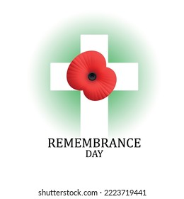 Wooden cross with poppy on white with text. Decorative flower for Remembrance Day, Memorial Day, Anzac Day in New Zealand, Australia, Canada and Great Britain. EPS10 vector.