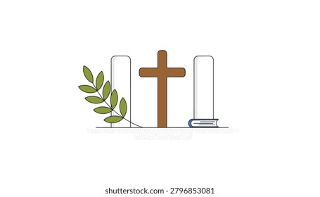 Wooden cross positioned between two architectural pillars with an olive branch and a book for religious worship and spiritual peace themes.
