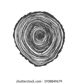 Wooden Cross Section. Vector Wood Texture Wavy Ring Pattern Of A Slice Of Wood. A Wooden Stump In Shades Of Grey Is Isolated On White. Vector Illustration. Cross-section Tree Background